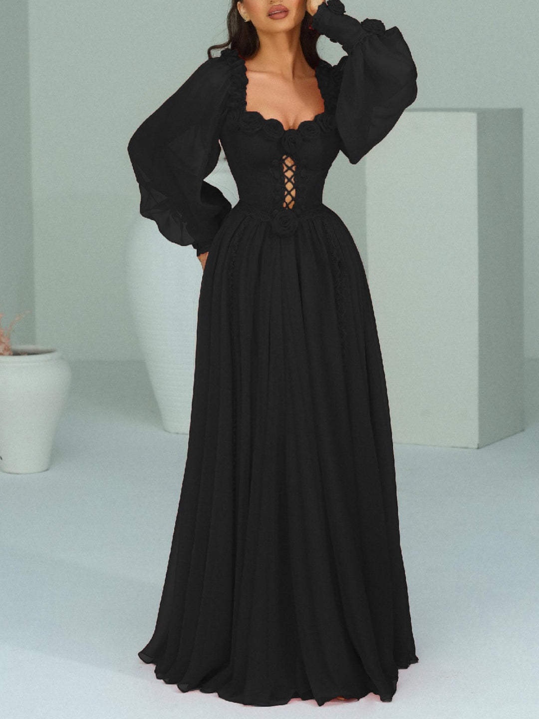 Elegant Three-dimensional Flower Lantern Sleeve Dress