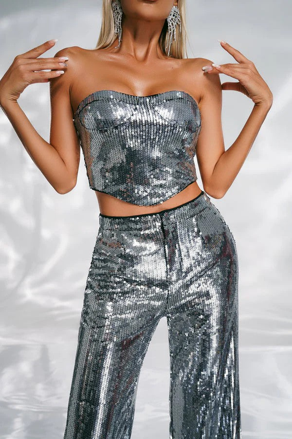 Elegant Tube Top Sequined Two-piece Set