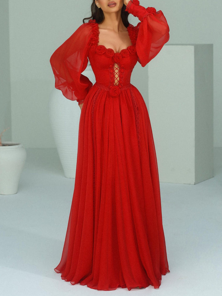 Elegant Three-dimensional Flower Lantern Sleeve Dress