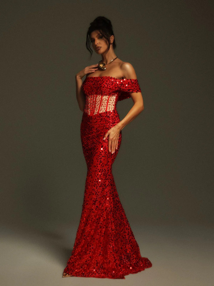 Fashion Tube Top Red Sequined Maxi Dress