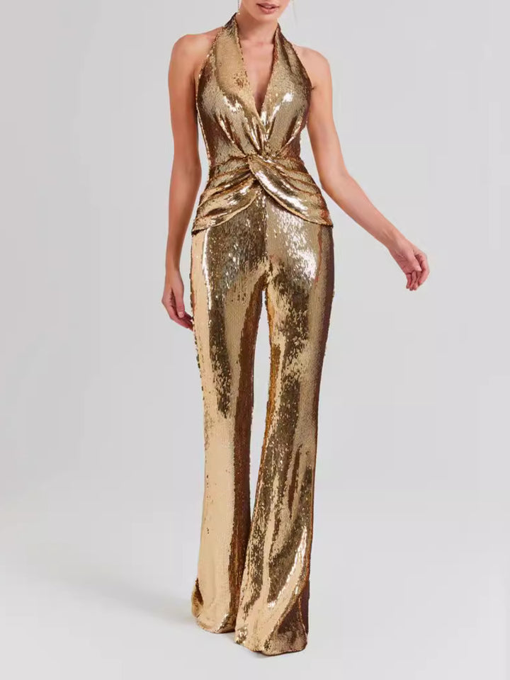 Fashion Sleeveless Neck Sequined Jumpsuit