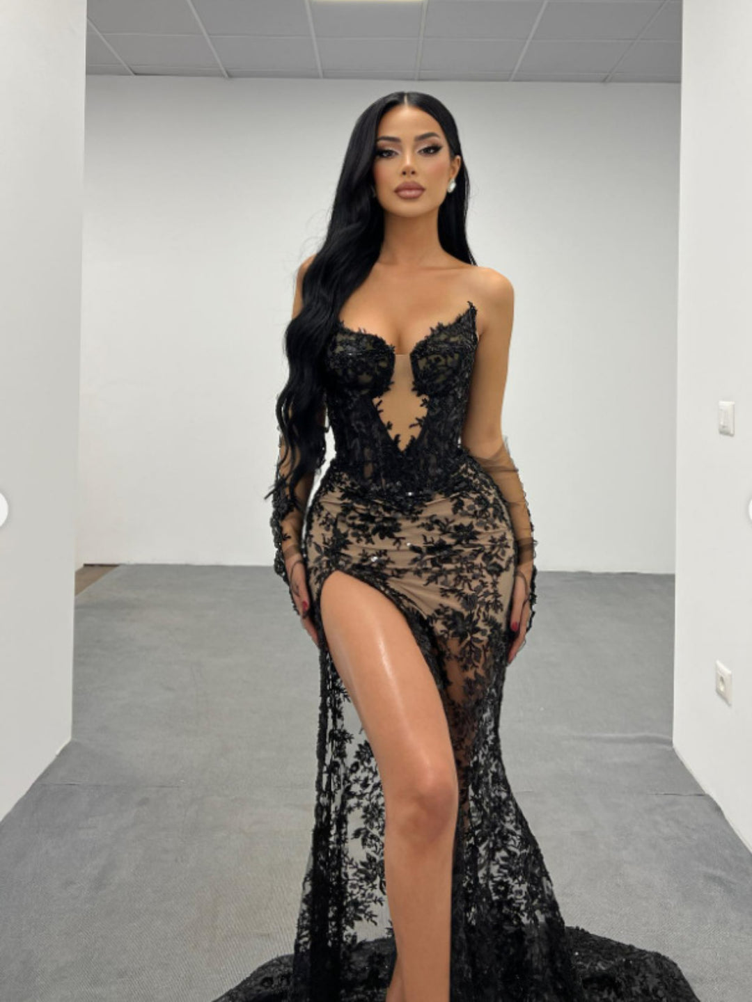 Black Tube Top Lace Sequin Mesh Maxi Dress