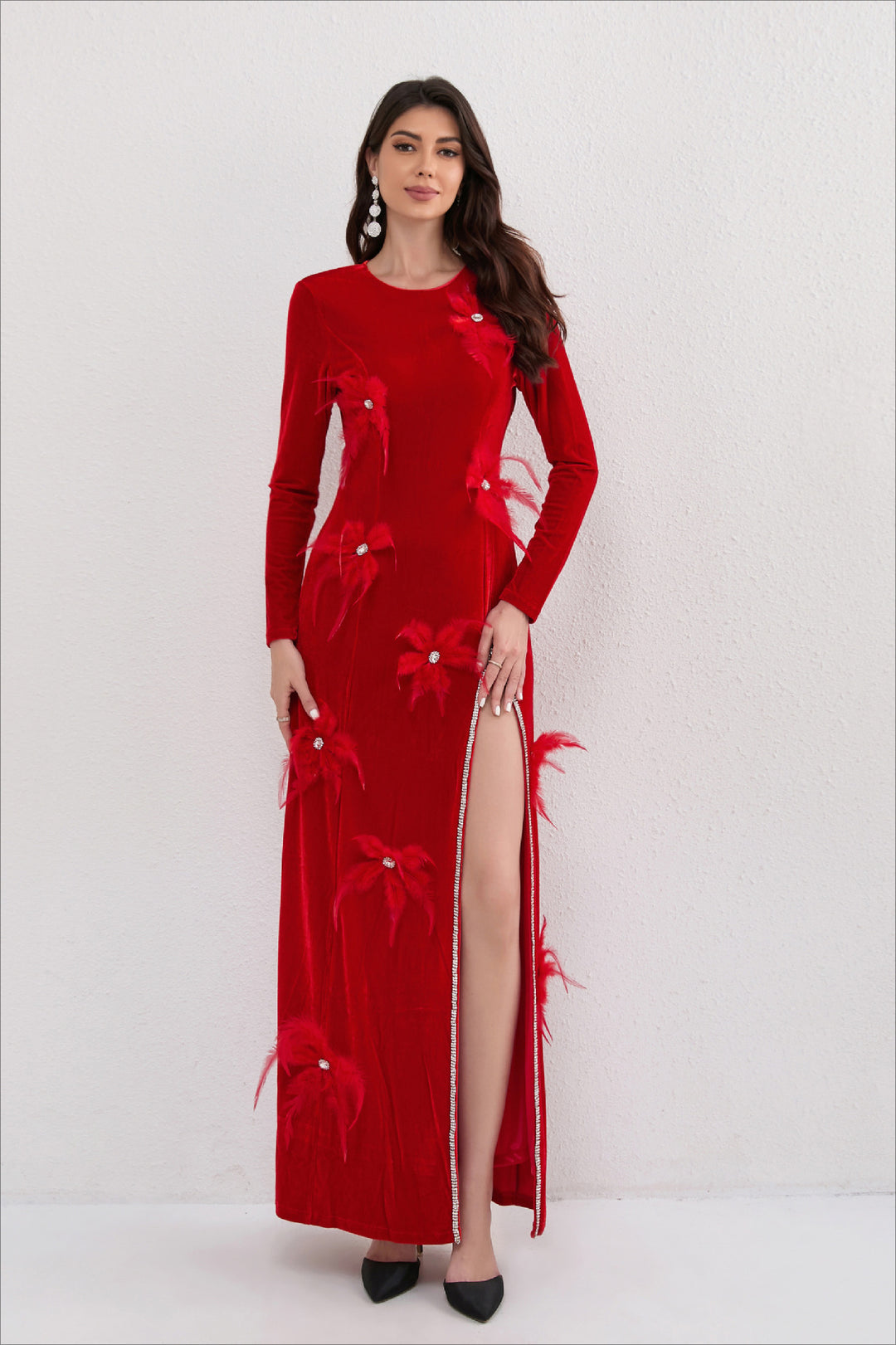 3D Red Feather Diamond Flower Maxi Dress