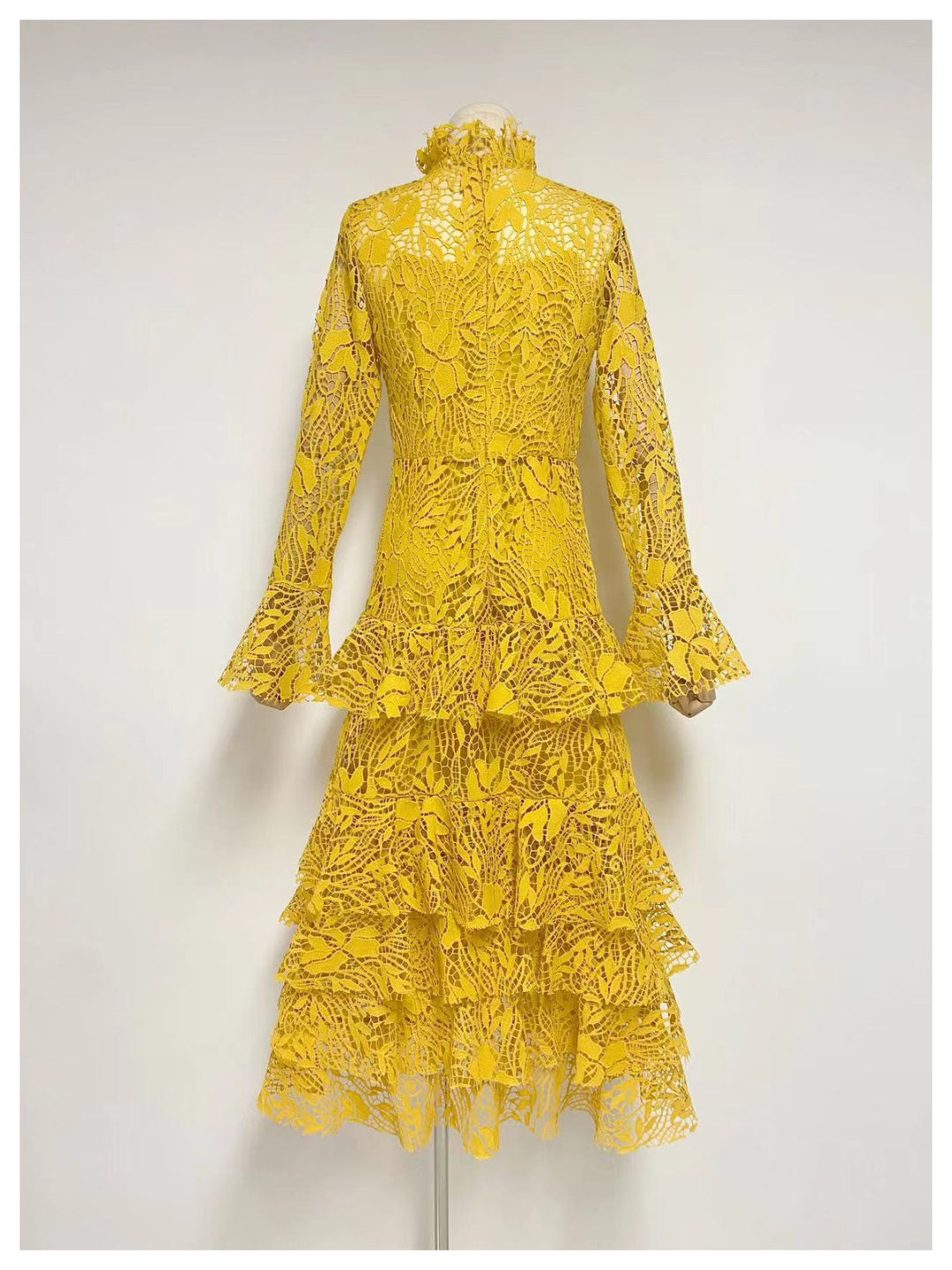 Emma Yellow Elegant Lace With Bell Sleeves Dress