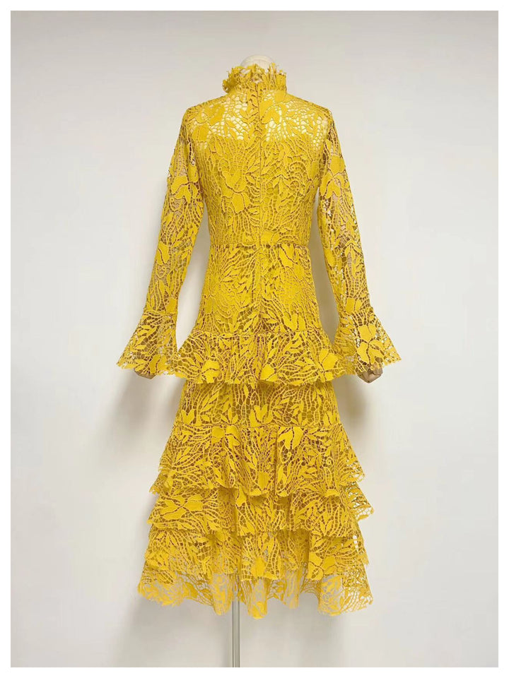 Emma Yellow Elegant Lace With Bell Sleeves Dress