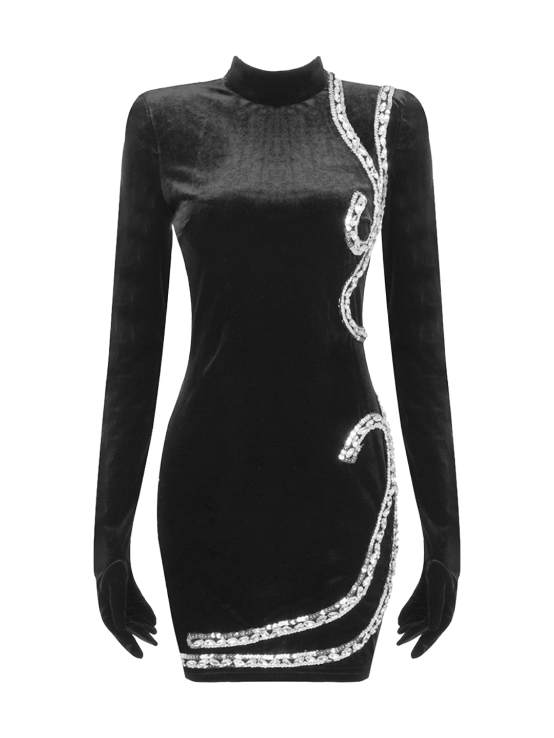 Black Velvet Diamond Mini Dress with Gloves