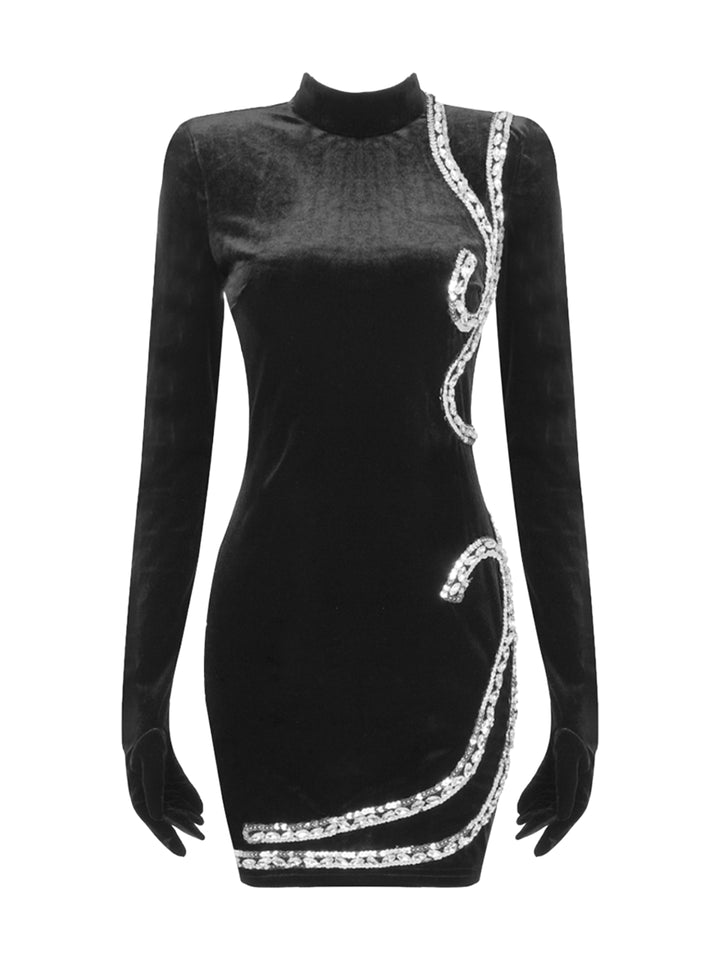 Black Velvet Diamond Mini Dress with Gloves