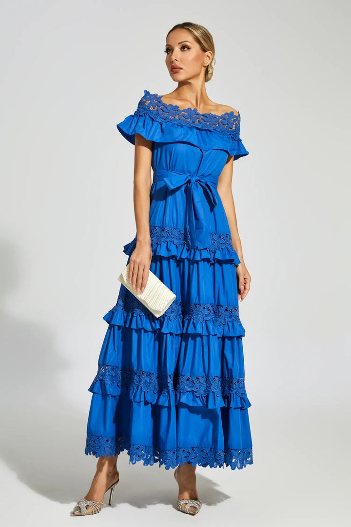 Elegant Ruffle Lace Solid Color Maxi Dress