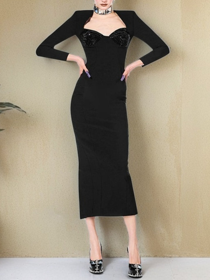 Elegant Hot Diamond Long Sleeve Midi Dress