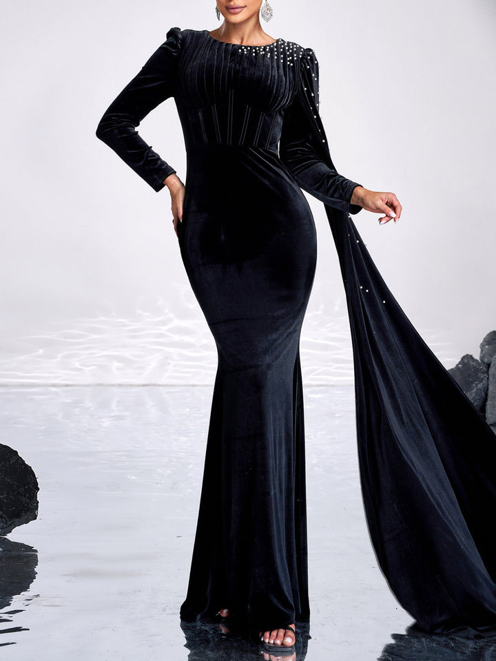 Vintage Long Sleeve Crew Neck Bead Maxi Dress