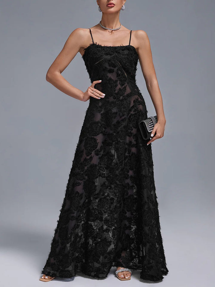 Elegant Black Suspender Lace Maxi Dress