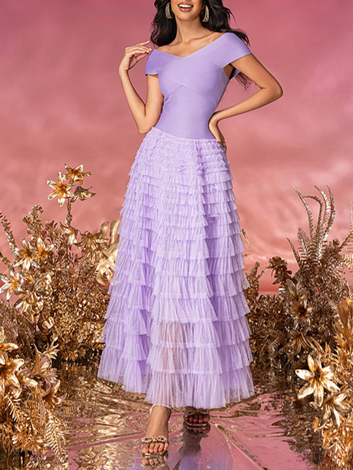 Elegant Purple Mesh Pleated Cake Maxi Dress