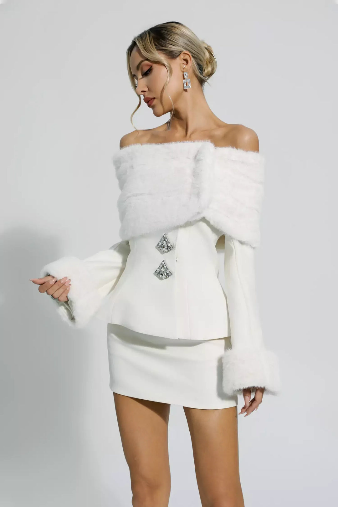 Elegant Fox Fur Rhinestone Two-piece Set