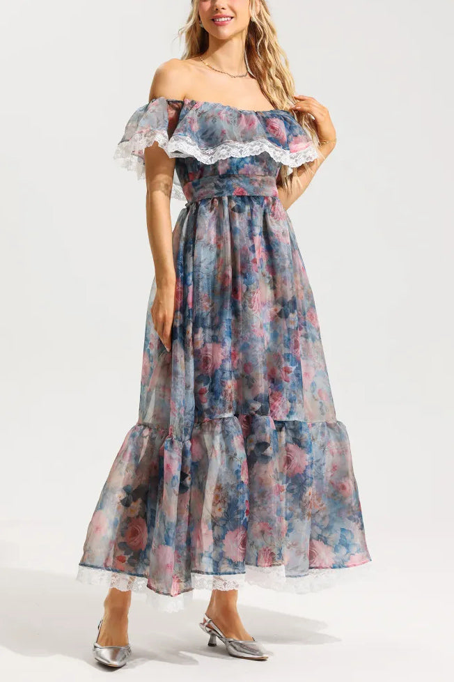 Floral Lace Frill Hight Waist Maxi Dress