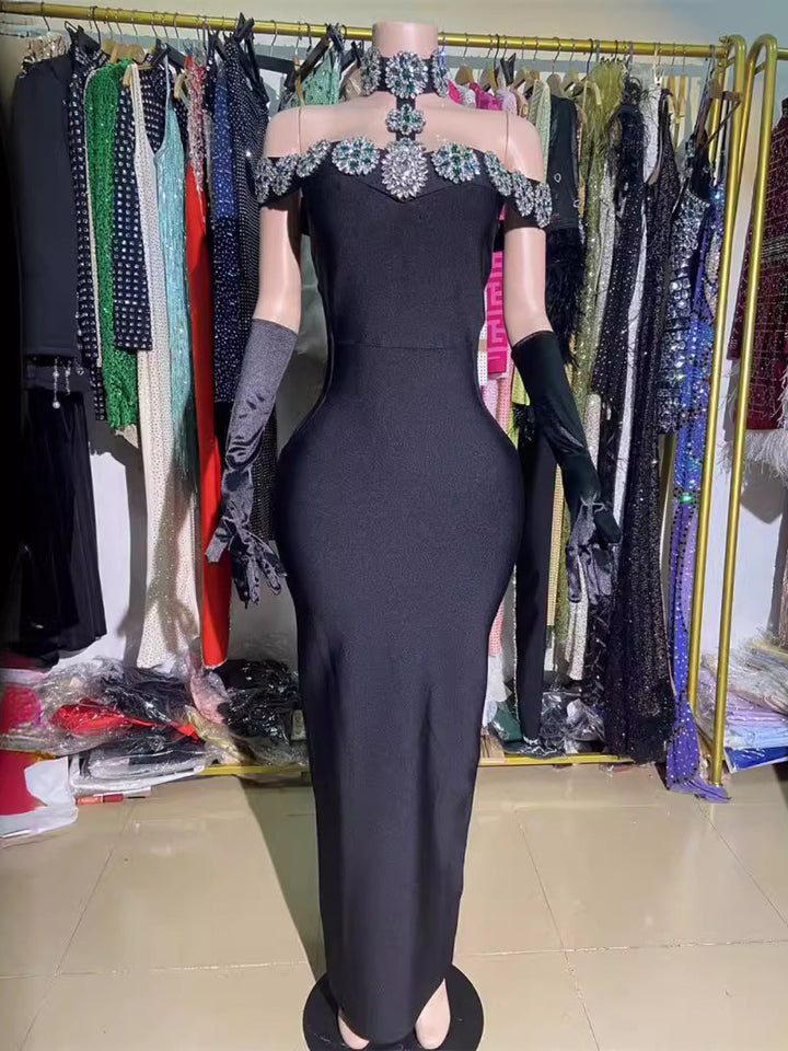 Fashion Neck Diamond Long Dress