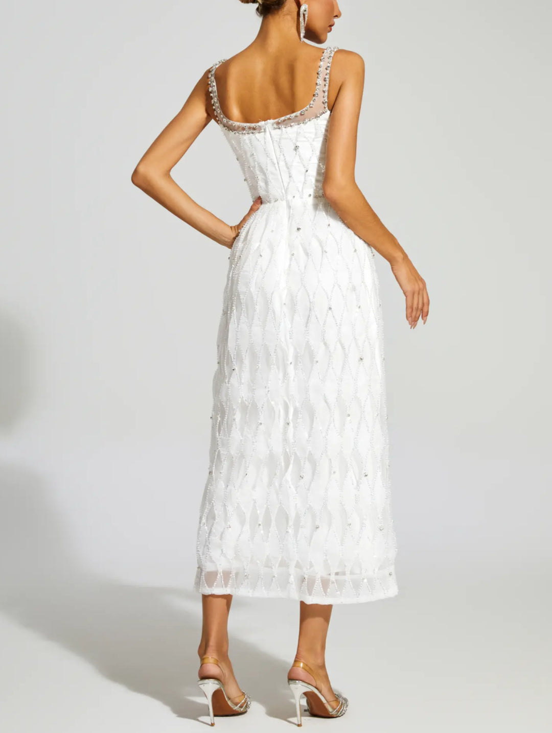 Elegant White Beaded Suspender Dress