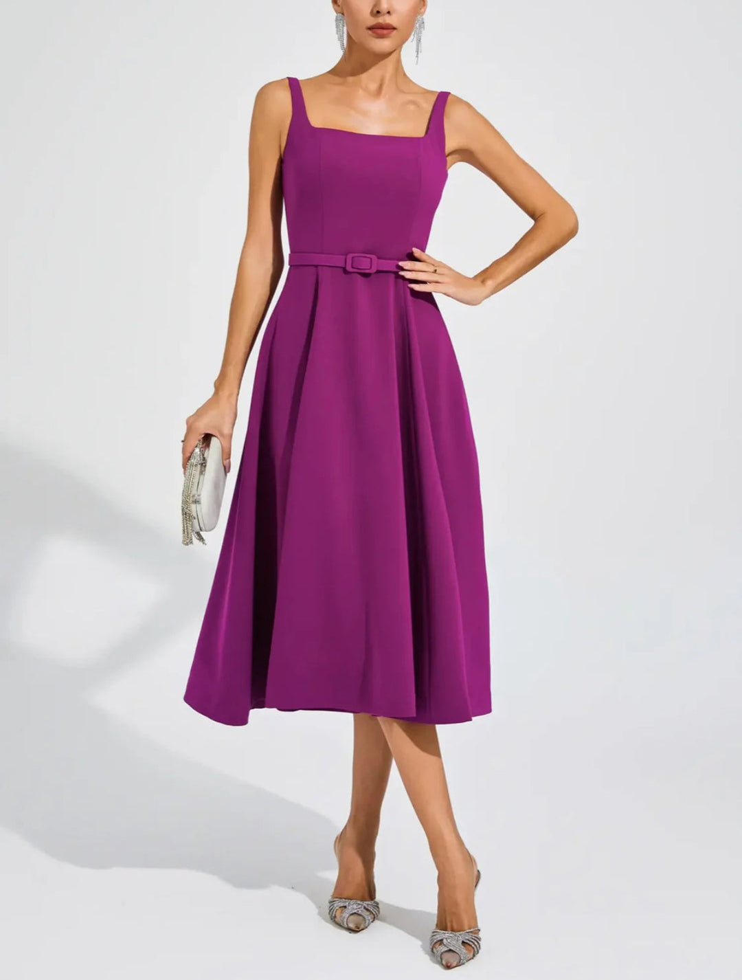 Elegant One-word Shoulder Solid Color Dress