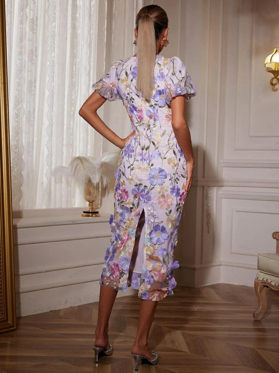 Grace Purple 3D Floral Embroidery Dress