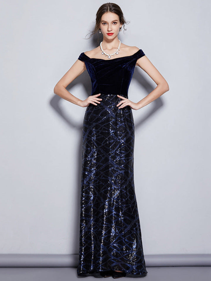 Elegant One-word Shoulder Sequin Dress