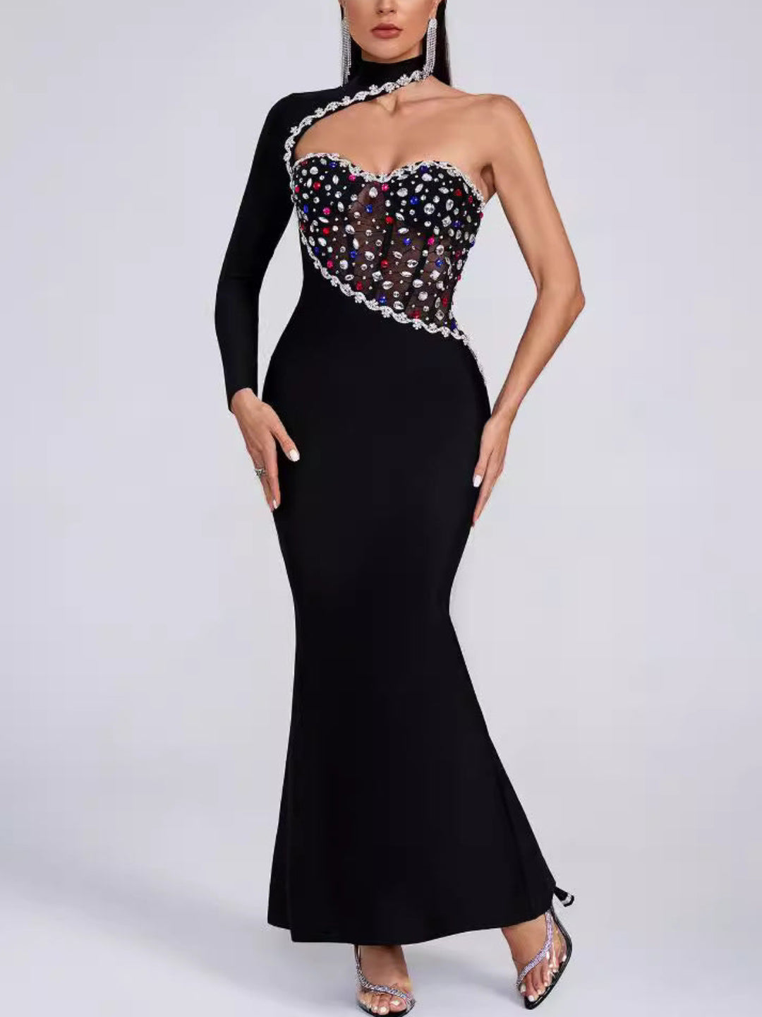 Fashion Shoulder Diamond Maxi Dress