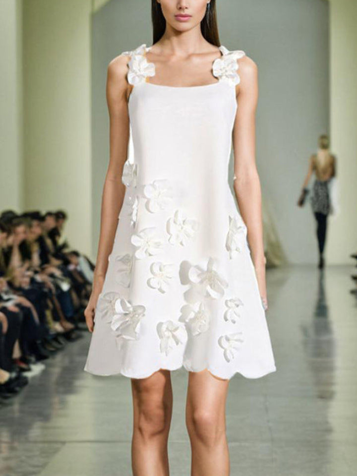 Elegant Three-dimensional Flower White Mini Dress