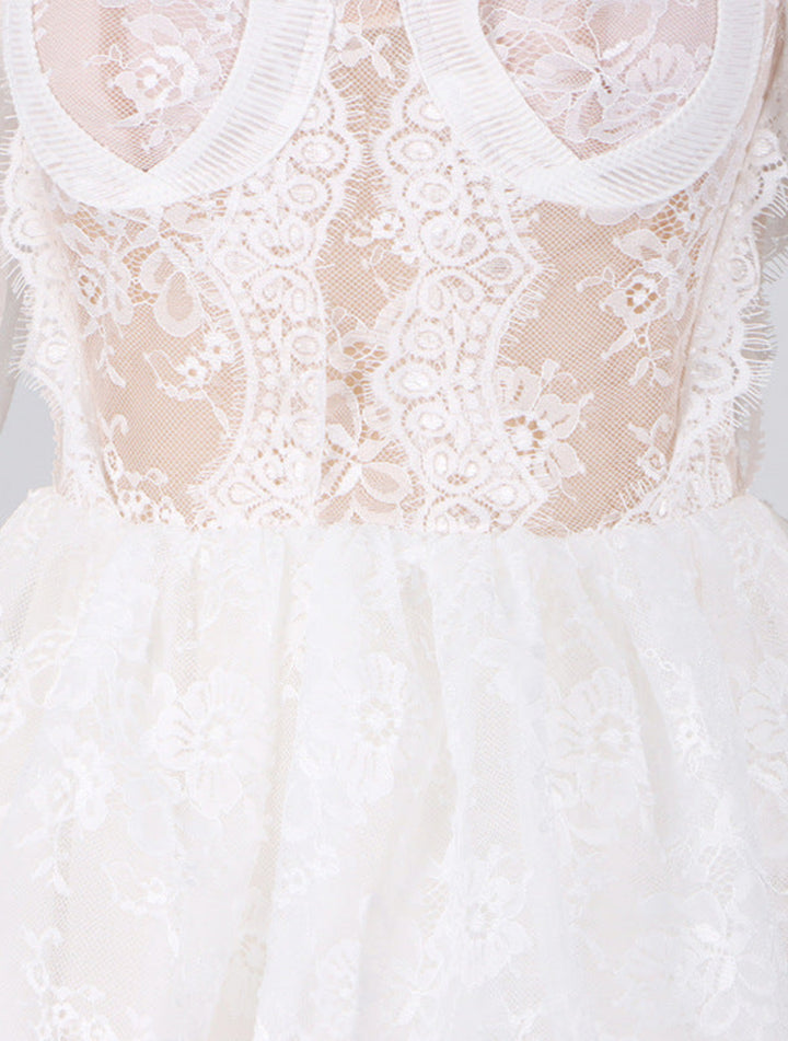 Elegant Bubble Sleeve Lace Mid-length Dress