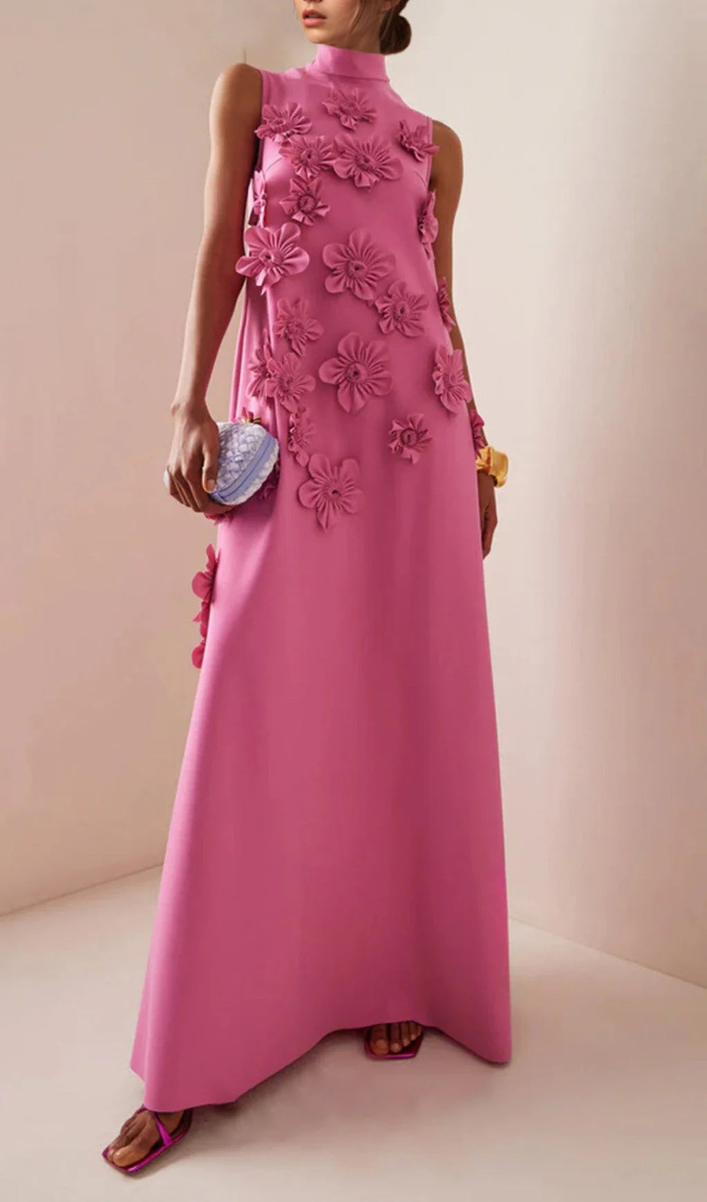 Pink Flower Design Sleeveless Maxi Dress