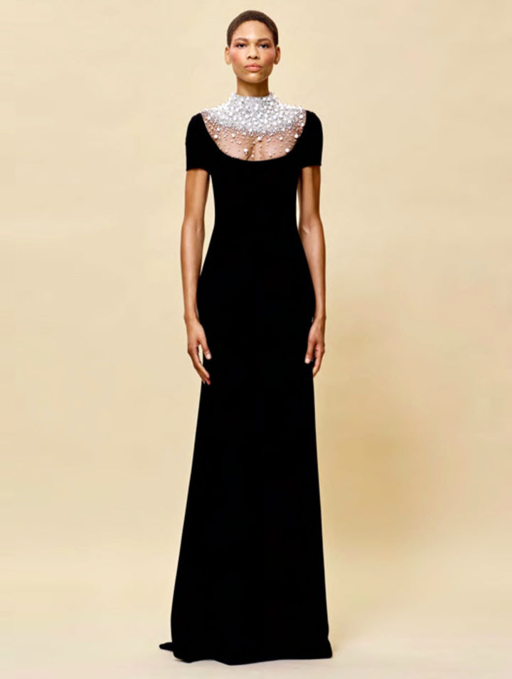 Temperament Diamond Pearl Velvet Maxi Dress