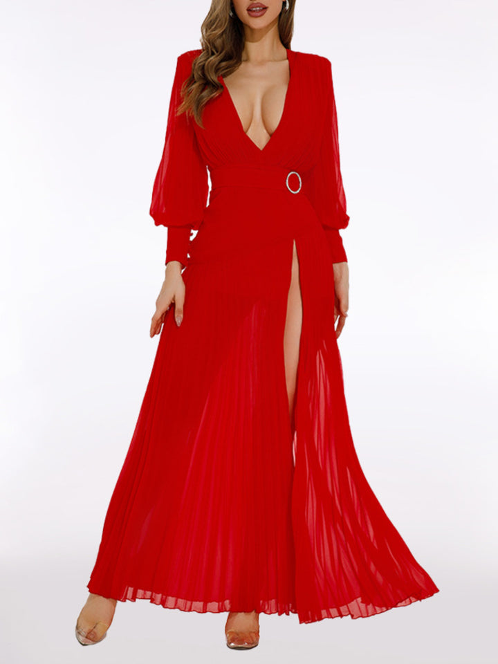 Retro Solid Color Lantern Sleeve Maxi Dress