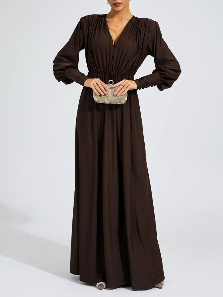 Simple Solid Color Dark V Long-sleeved Maxi Dress