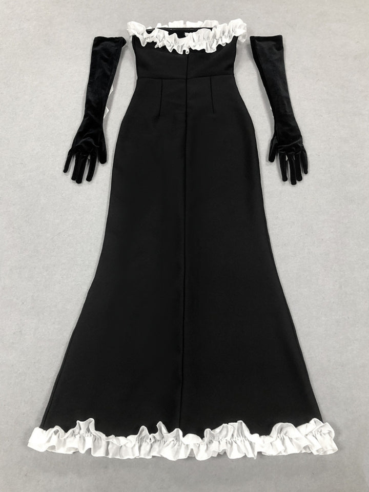 Ruffled Black Maxi Dress with Gloves