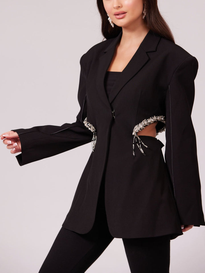 Black Cutout Pearl Beaded Blazer