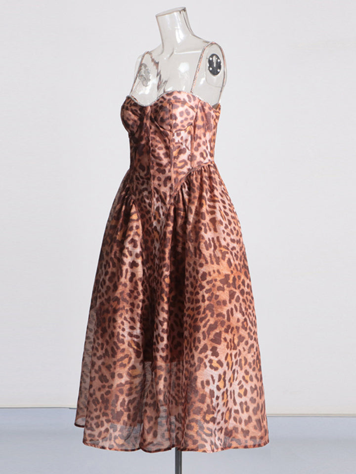 Leopard Print Diamond Suspender Midi Dress