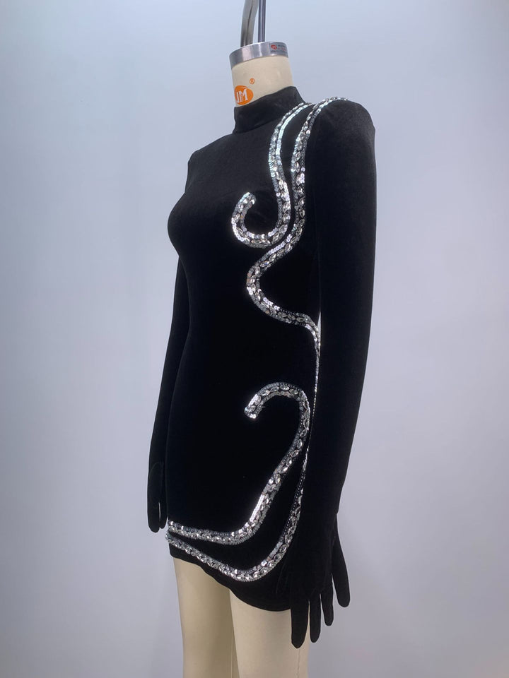 Black Velvet Diamond Mini Dress with Gloves