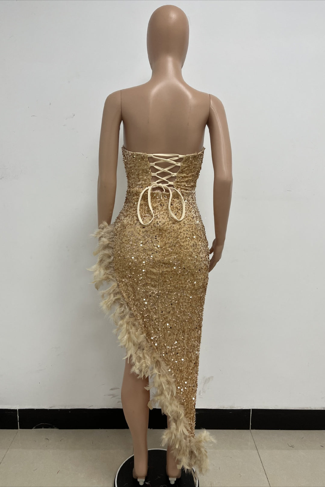 Kira Champagne Sequin Feather Dress