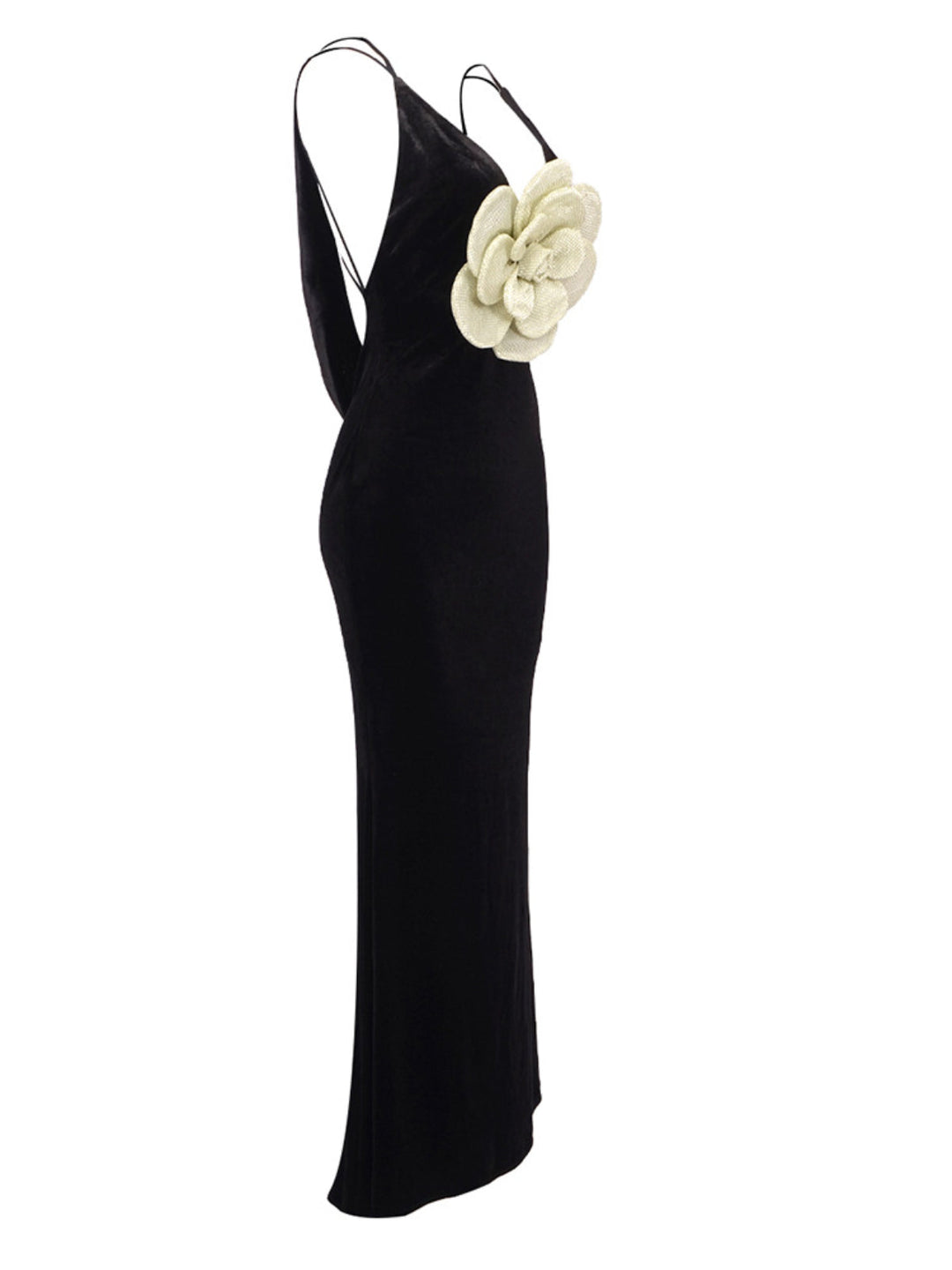 Black Suspender 3D Gold Flower Maxi Dress