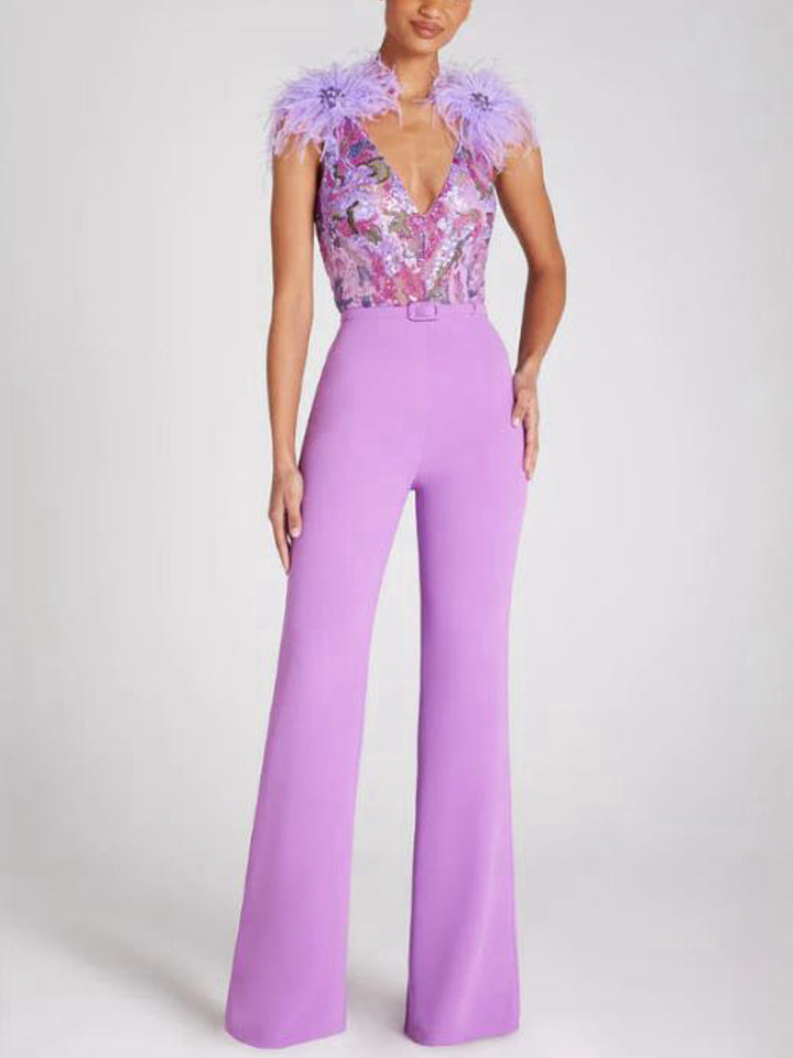 Elegant Sequined V-neck Sleeveless Jumpsuit