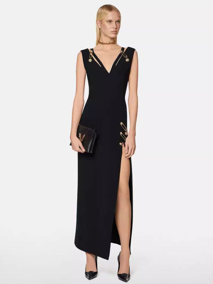 Elegant Black Pin Slit Dress