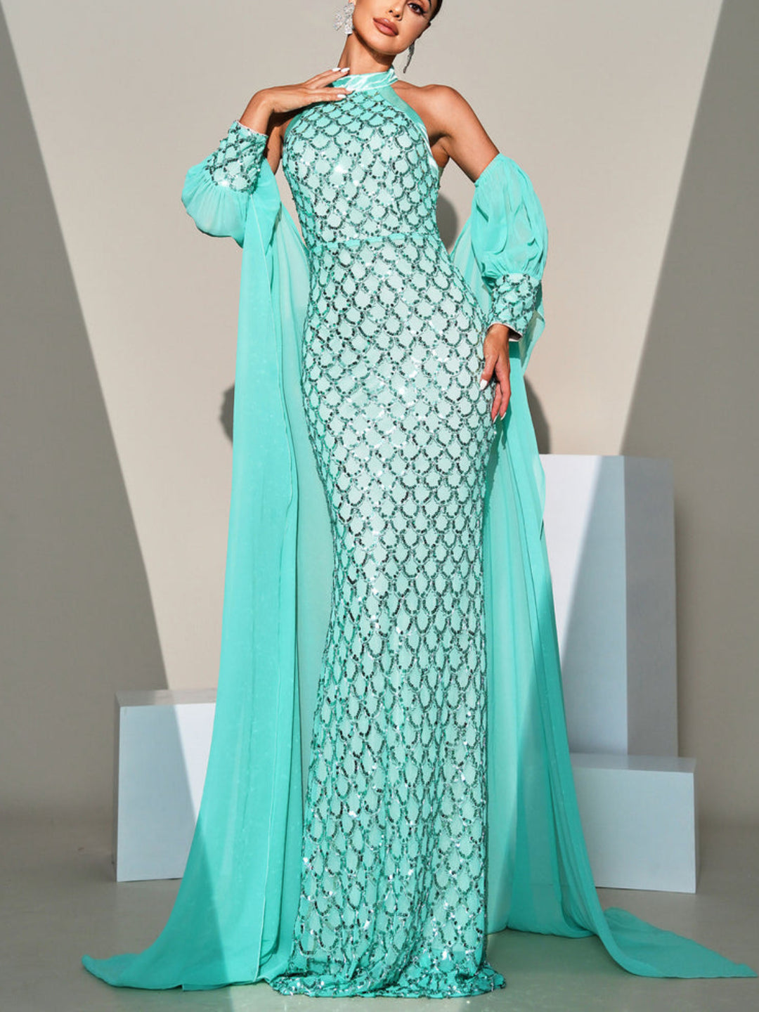 Fashion Fish Scale Sequin Maxi Dress