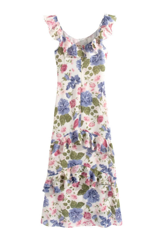 Floral Tiered Ruffle Hem Fishtail Maxi Dress