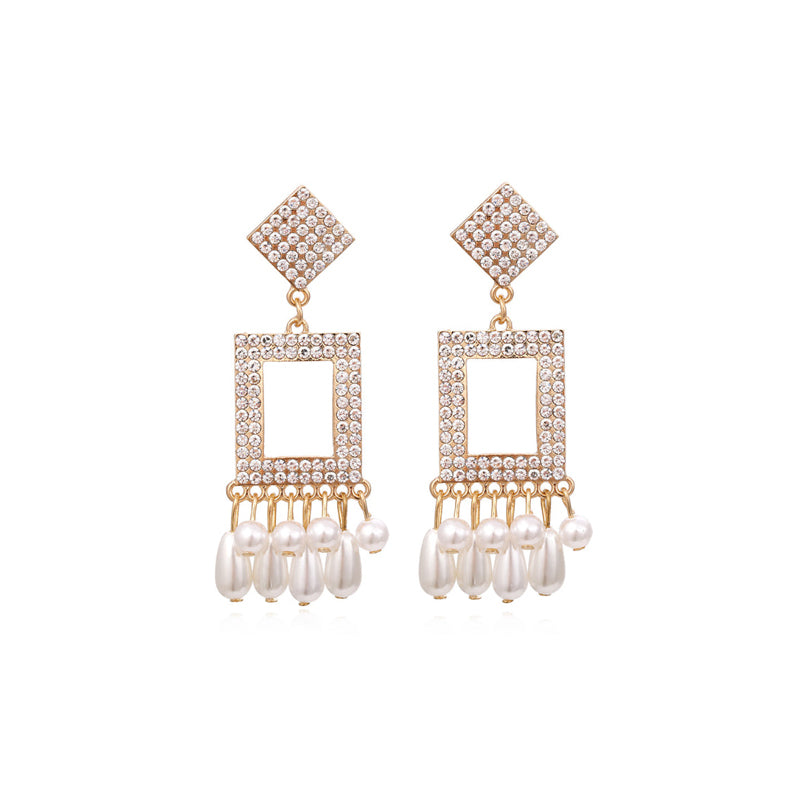 Pearl Fringed Geometric Earrings