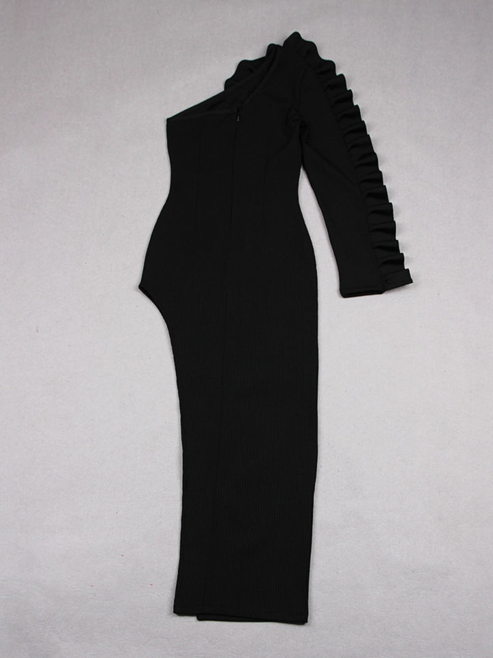 Black Ruffles Long-sleeved Bandage Maxi Dress