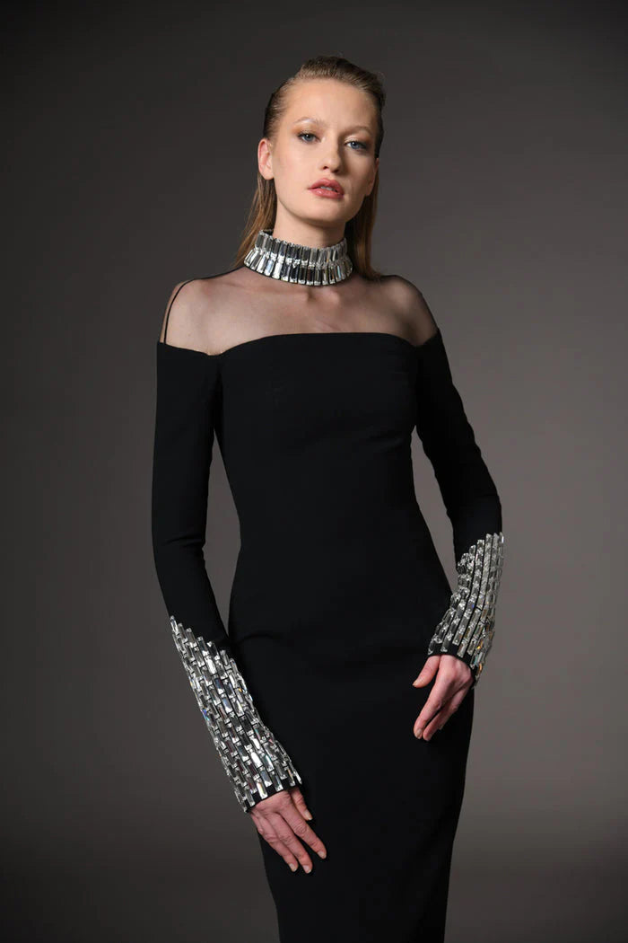 Vintage Mesh Stitching Diamond-encrusted Dress