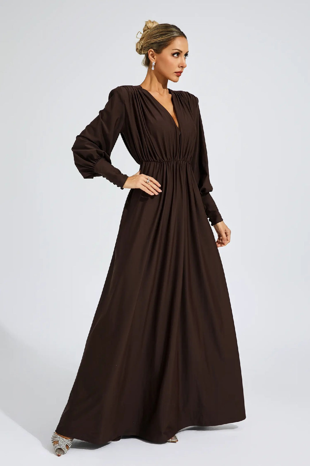 Simple Solid Color Dark V Long-sleeved Maxi Dress