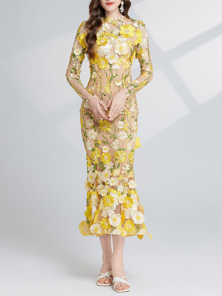 Elegant Embroidered Three-dimensional Flower Dress