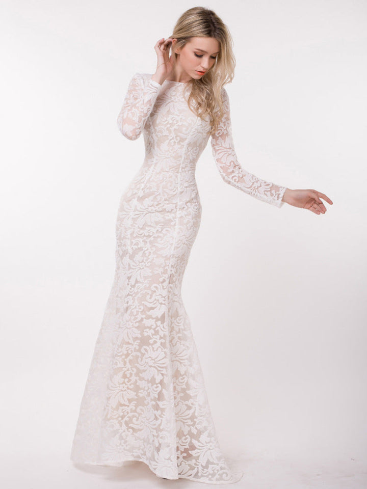 Elegant Backless Lace Long-sleeved Dress