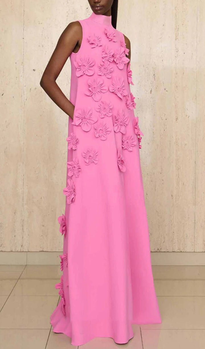 Pink Flower Design Sleeveless Maxi Dress