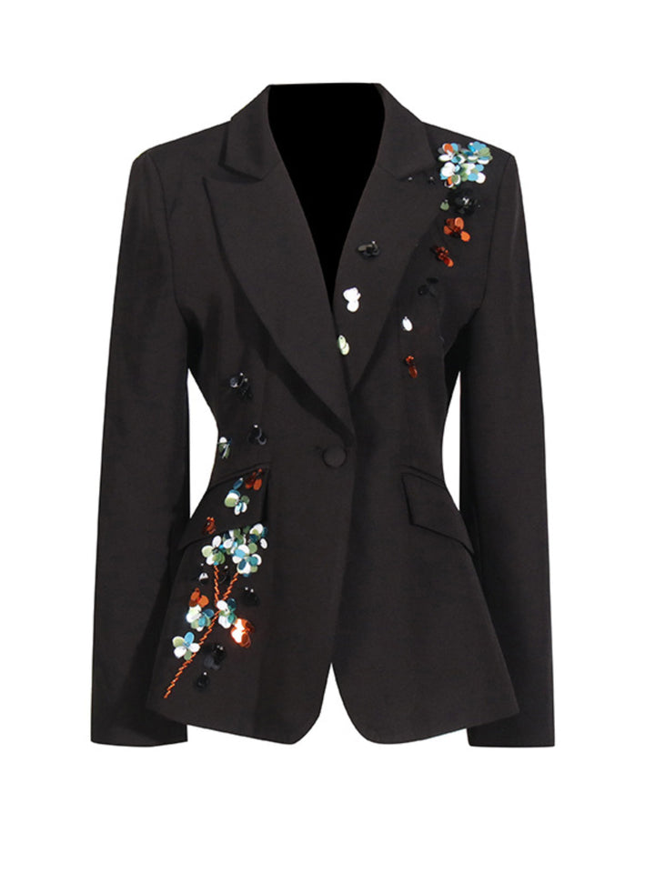 Solid Dark V-neck Sequined Blazer