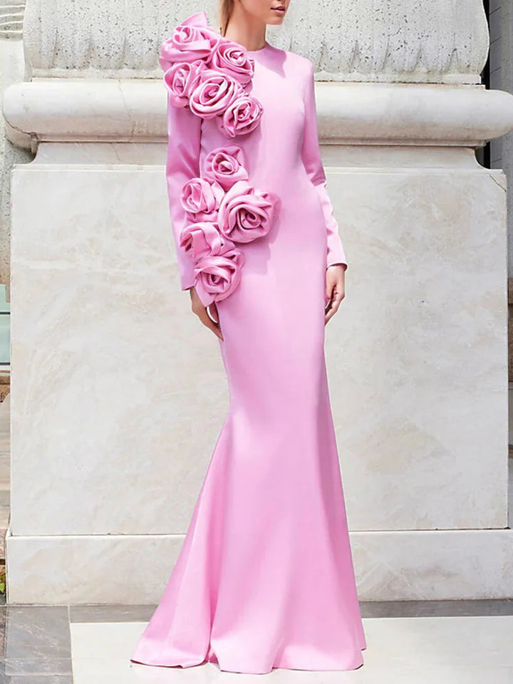 Temperament Three-dimensional Flower Long-sleeved Dress