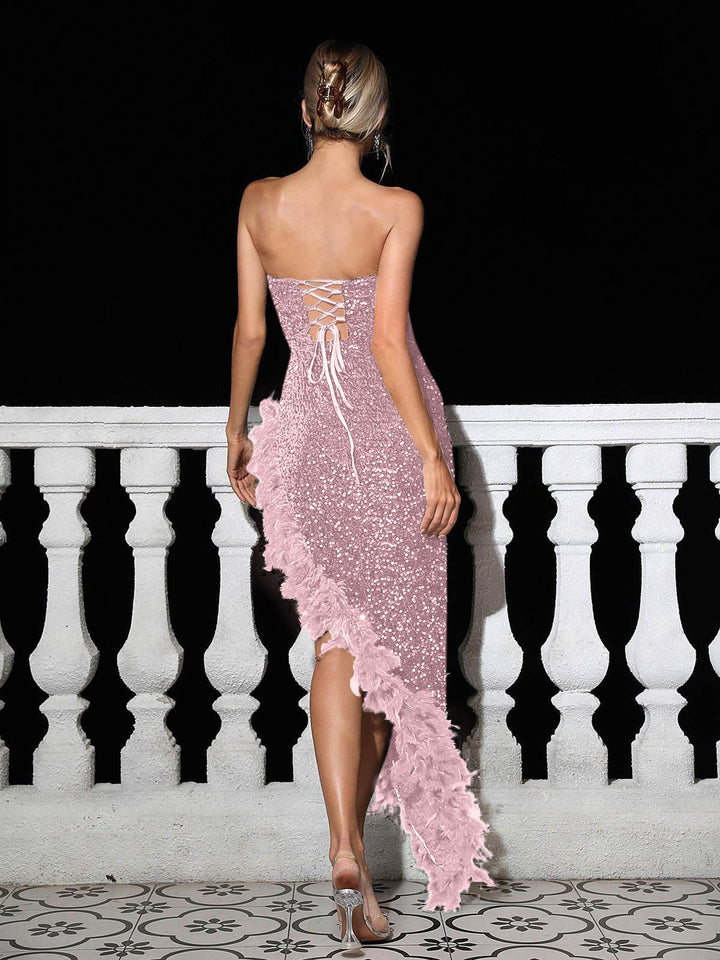 Elegant Tube Top Sequined Feather Maxi Dress